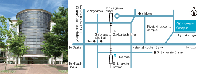 Shijonawate Campus（Faculty of Medical Science and Health-Promotion / Faculty of Information Science and Arts）MAP