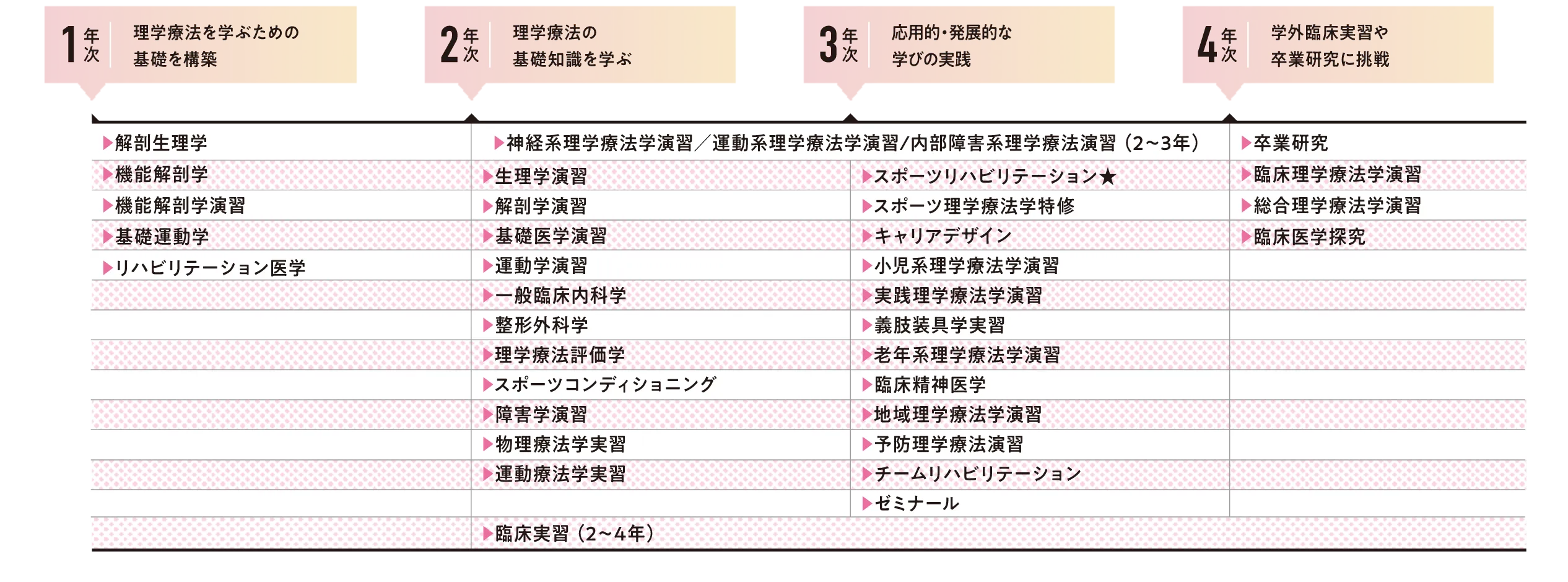1年次 理学療法を学ぶための基礎を構築 2年次 理学療法の基礎知識を学ぶ 3年次 応用的・発展的な学びの実践 4年次 学外臨床実習や卒業研究に挑戦