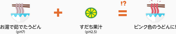 お湯で茹でたうどん（pH7）+すだち果汁（pH2.5）=ピンク色のうどんに！